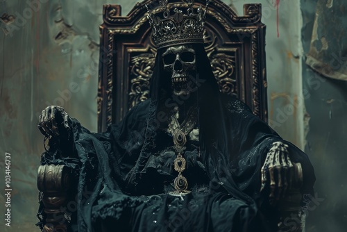 skeleton wearing crown sitting on throne