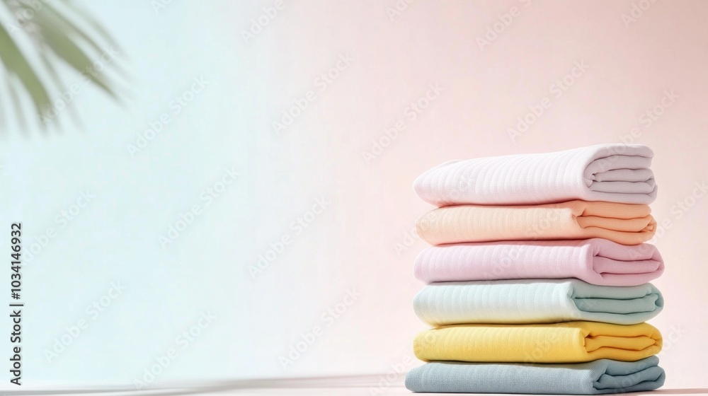 Fototapeta premium Neatly Stacked Colorful Towels on a Soft Background