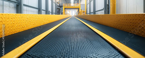 Modern industrial interior featuring conveyor belt system designed for efficient material handling. vibrant yellow accents contrast with black surface, creating dynamic workspace photo