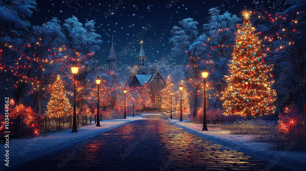 Inviting Nighttime Display Featuring Colorful Christmas Lights and Festive Atmosphere Inviting Nighttime Display Featuring Colorful Christmas Lights and Festive Atmosphere