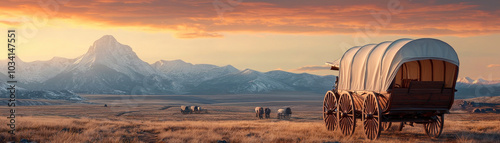 historical gold rush scene featuring covered wagon in vast landscape with mountains in background. sunset casts warm glow over serene environment, evoking sense of adventure and exploration