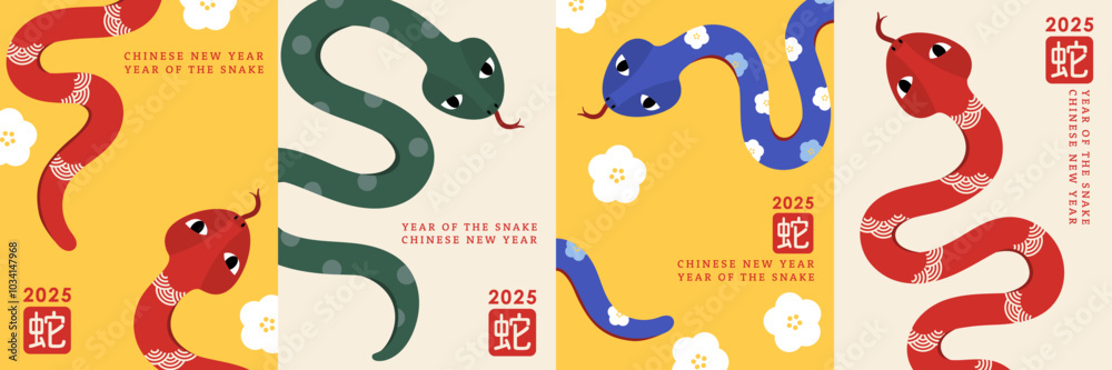Naklejka premium Happy Chinese new year 2025 greeting card with cute snakes. Animal zodiac cartoon character. Translate: Snake. -Vector