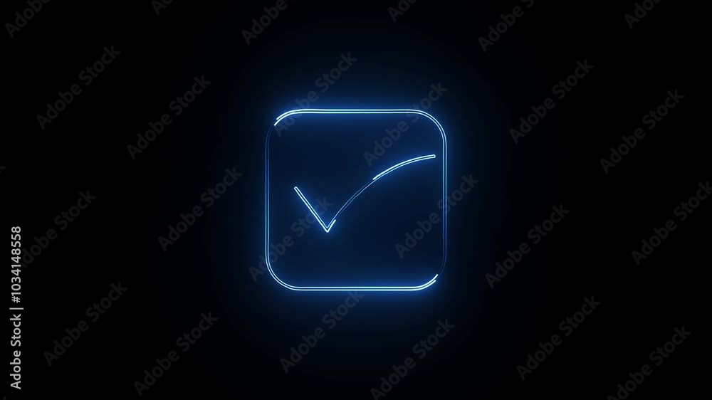 Neon tick mark blue color animation on screen black. Neon tick mark blue color animation on screen black.