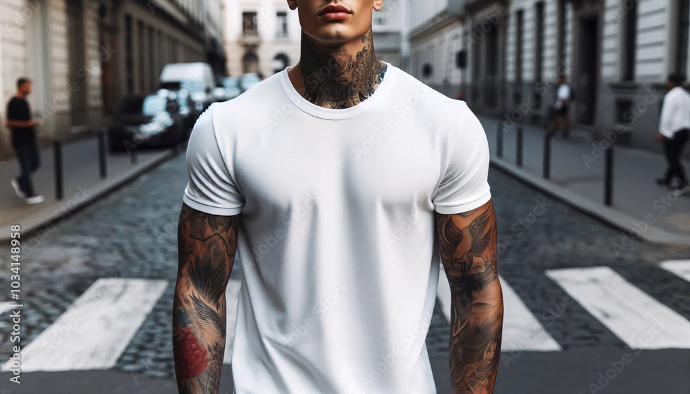 Obraz premium A photo a male model wearing a plain white t-shirt. Concept t-shirt mockup.