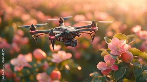 A drone hovers above vibrant pink flowers in a blossoming orchard, perfectly capturing the beauty of nature during the golden hour in spring.