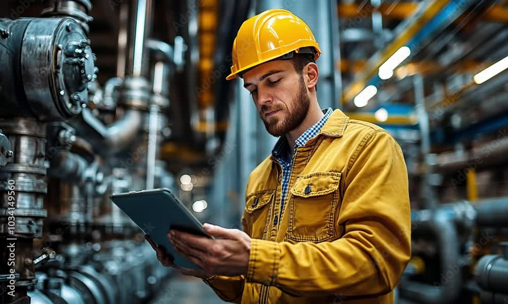 Factory worker in a helmet using digital equipment, showcasing industrial technology and precision Factory worker in a helmet using digital equipment, showcasing industrial technology and precision
