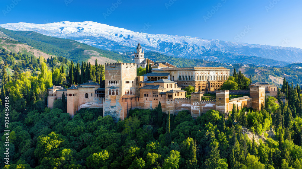 Alhambra Palace  Granada  Spain with Snow capped Mountains in Background