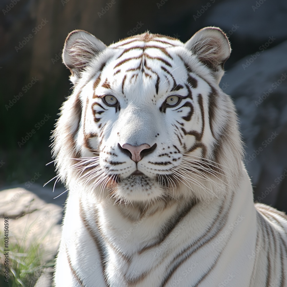 Majestic white tiger resting, surrounded by natural beauty in a serene setting. Generative AI