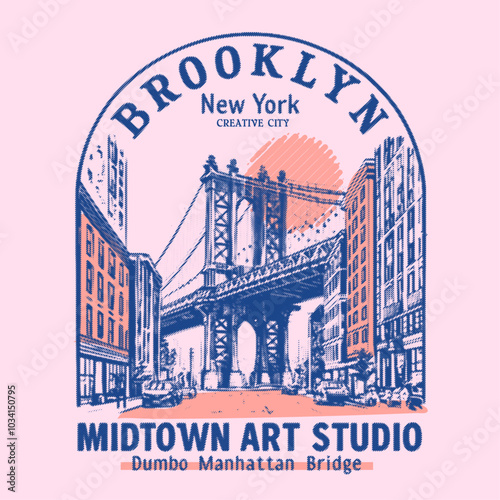 Brooklyn bridge street view. New York design studio t shirt print design. college text print. City back print for t shirt. Dumbo Manhattan bridge view hand sketch print design.
