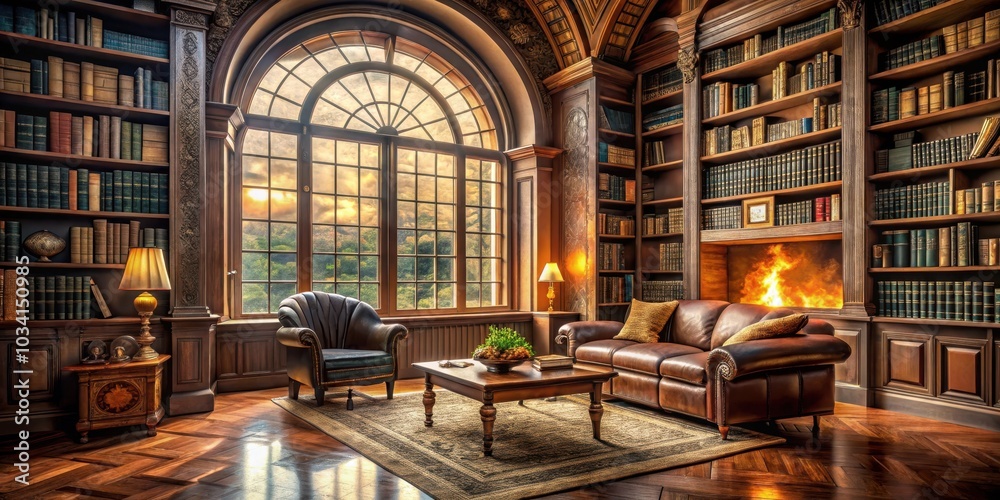 A Luxurious Library with a Warm Fireplace, Leather Furniture, and Large Windows Offering a View of the Sunset Over Lush Trees A Luxurious Library with a Warm Fireplace, Leather Furniture, and Large Windows Offering a View of the Sunset Over Lush Trees