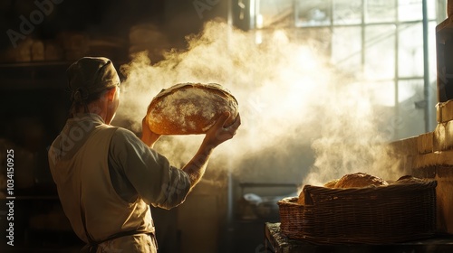 Artisan Baker Holding Freshly Baked Bread Loaf