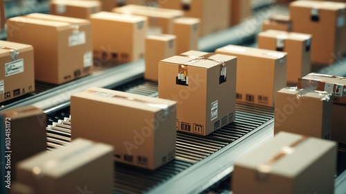 A conveyor belt in a warehouse with many cardboard boxes moving along it.