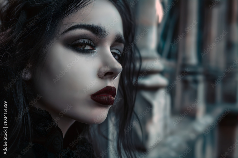 Close-up Portrait of a Dark Enigmatic Woman in Gothic Setting Close-up Portrait of a Dark Enigmatic Woman in Gothic Setting