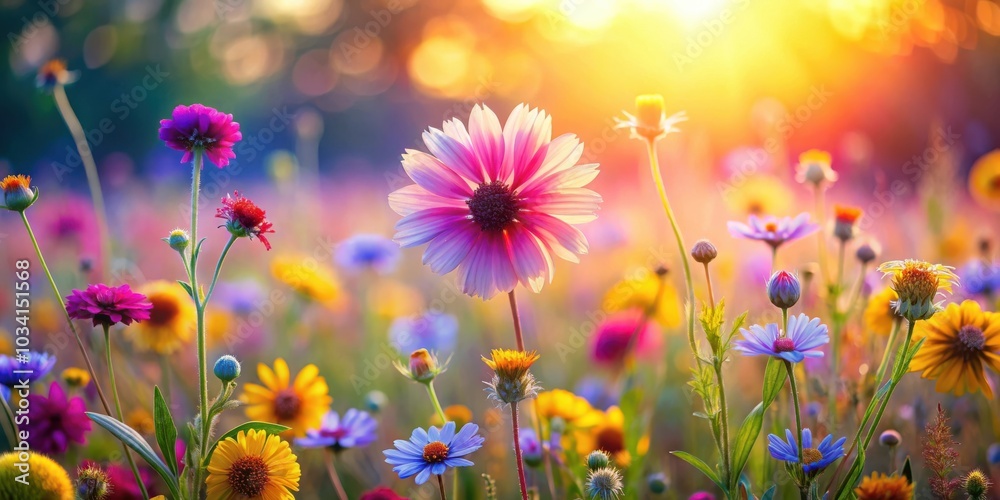 A vibrant field of wildflowers bathed in warm sunlight, a picturesque scene of nature's beauty in bloom. A vibrant field of wildflowers bathed in warm sunlight, a picturesque scene of nature's beauty in bloom.