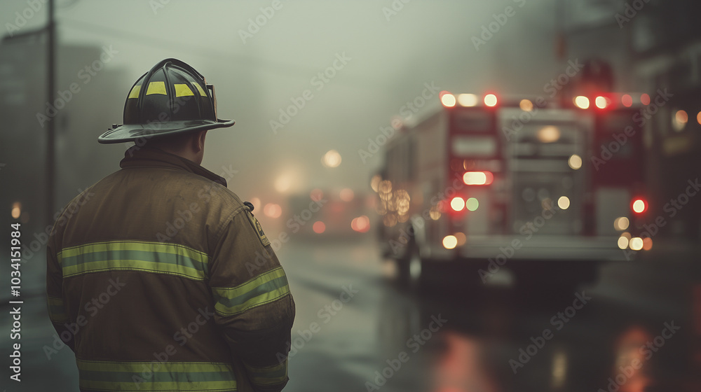 Fototapeta premium A firefighter stands on the side of a street in front of a fire truck