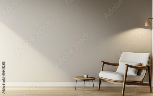 A modern beige living room with a comfortable armchair and stylish side table