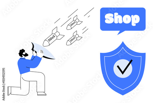 A person with a shield blocking DDoS attacks represented by missiles aimed at a shop. Ideal for online security, DDoS defense, e-commerce protection, cybersecurity awareness, digital safety