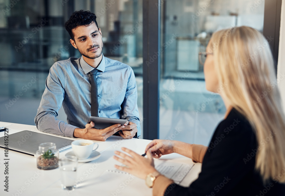 Fototapeta premium Interview, discussion and business people in office for hiring process for corporate job. Meeting, recruitment and hr manager with onboarding candidate for career opportunity with company review.