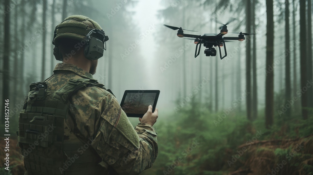 A soldier holding a tablet while operating a drone in a dense, foggy forest landscape, perfect for tech or military-related designs. A soldier holding a tablet while operating a drone in a dense, foggy forest landscape, perfect for tech or military-related designs.