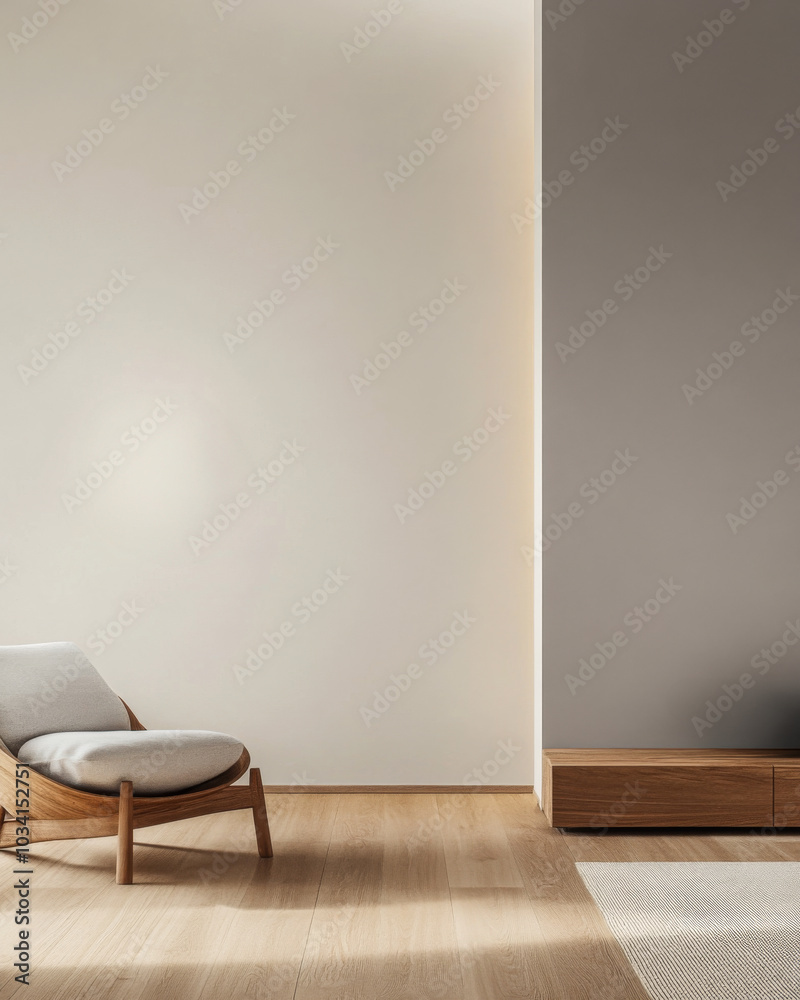 Fototapeta premium Minimalist interior design featuring a wooden chair in a serene and modern living room
