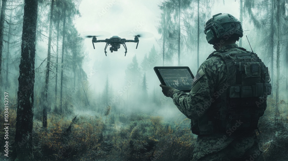 A soldier holding a tablet while operating a drone in a dense, foggy forest landscape, perfect for tech or military-related designs. A soldier holding a tablet while operating a drone in a dense, foggy forest landscape, perfect for tech or military-related designs.