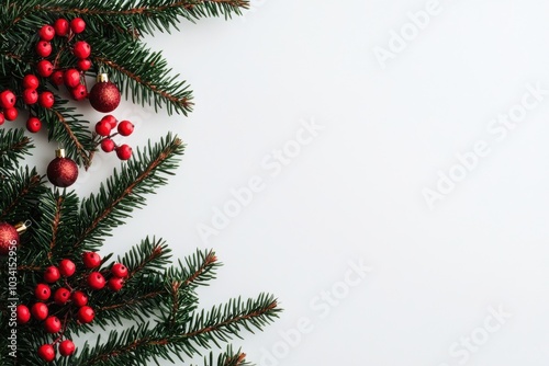 Christmas greenery with red berries and ornaments on a white isolate background