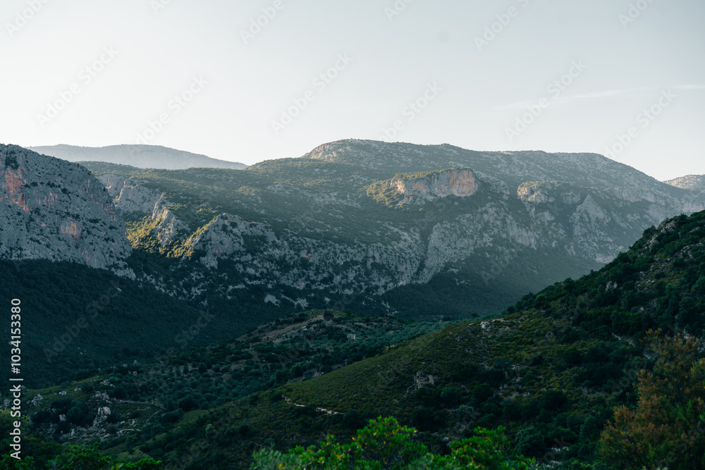 beautiful landscape of Supramonte Mountains with green hills, trees and mediterranean forest vegetation. Ogliastra, Sardinia, Italy. beautiful landscape of Supramonte Mountains with green hills, trees and mediterranean forest vegetation. Ogliastra, Sardinia, Italy.