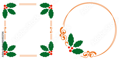 Christmas decorative frame set with holly leaves, Round and square winter border