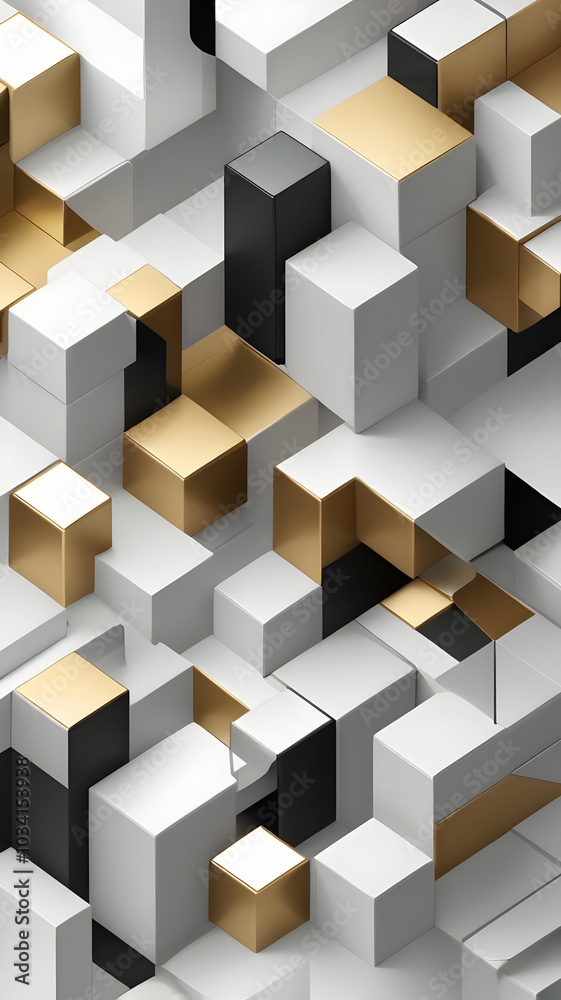 Geometric Cubical Background with gold, silver, black accents, Modern, Minimalist Design on White Geometric Cubical Background with gold, silver, black accents, Modern, Minimalist Design on White