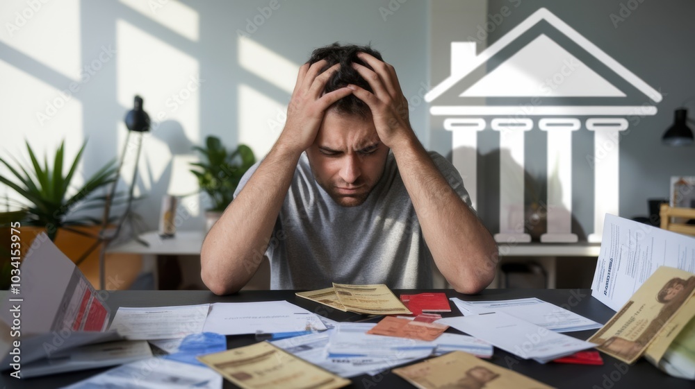 A distressed man sits at a cluttered table with bills and papers, indicating financial stress or challenges. A distressed man sits at a cluttered table with bills and papers, indicating financial stress or challenges.
