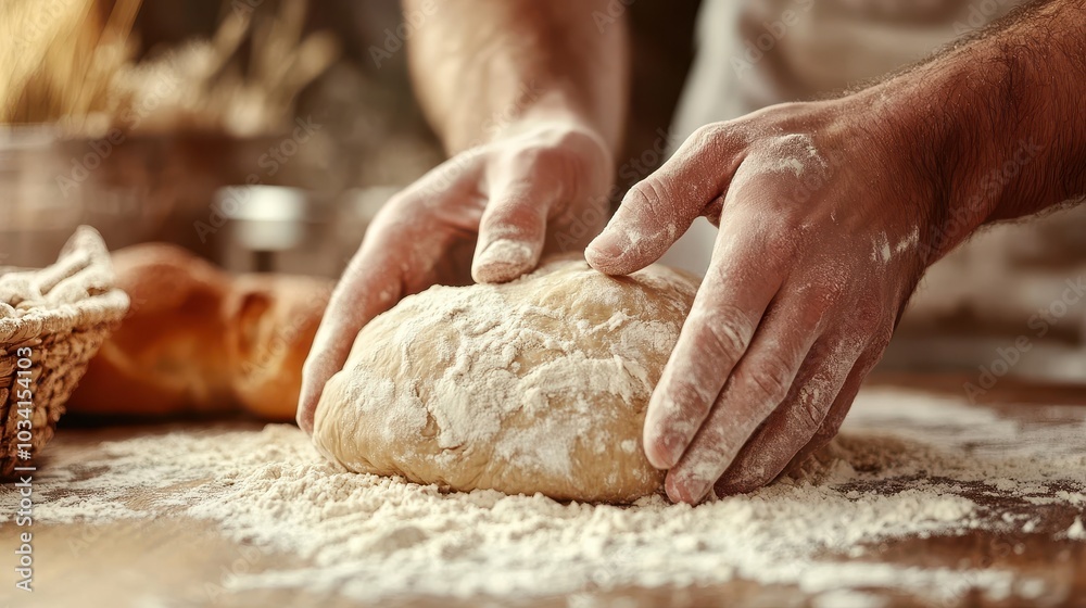 Hands Kneading Dough on Wooden Surface in Bakery Hands Kneading Dough on Wooden Surface in Bakery