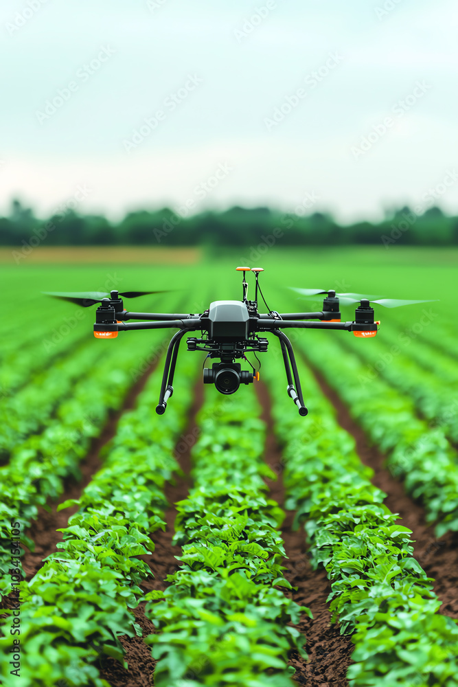 Drone flying over green agricultural field Drone flying over green agricultural field