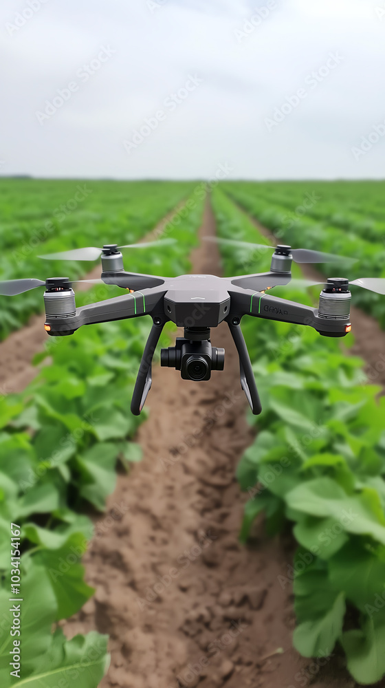 Drone flying over green agricultural field Drone flying over green agricultural field