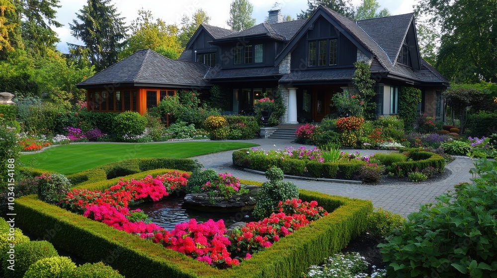 Obraz premium A beautiful home with a lush garden, featuring vibrant flower beds, trimmed hedges, and a water feature.