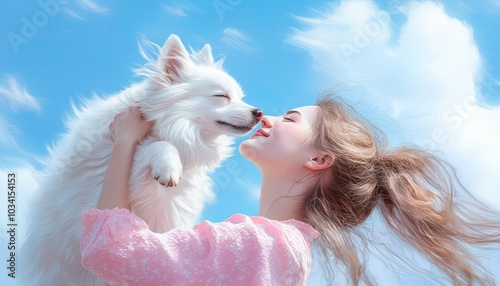 A happy scene where a woman lifts her dog and makes a playful kissy face, showing affection for her pet.