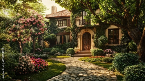 A beautiful house with a lush, green garden filled with trees, blooming flowers, and a cobblestone path leading to the door.