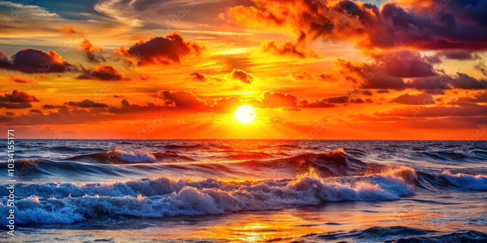 A vivid sunset paints the sky with fiery hues as waves crash against the shore, creating a breathtaking spectacle of nature's artistry. A vivid sunset paints the sky with fiery hues as waves crash against the shore, creating a breathtaking spectacle of nature's artistry.