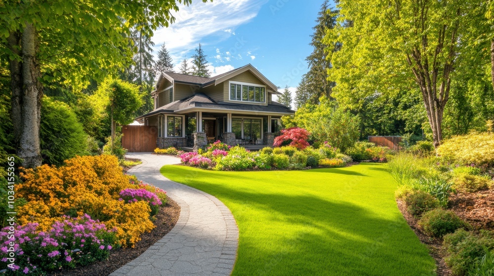 Obraz premium A beautiful house with a spacious garden featuring tall trees, colorful flowers, and a winding stone pathway.