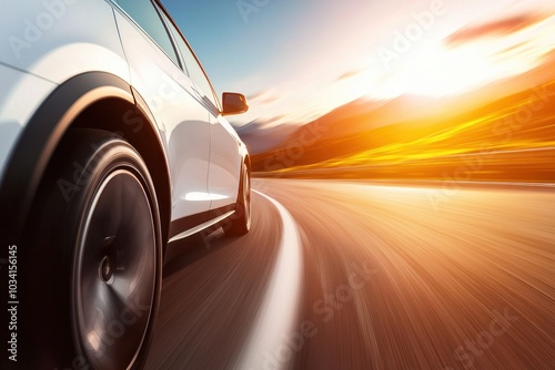 Dynamic Journey Capturing the Essence of Speed and Adventure as a Car Zooms through a Scenic Landscape at Sunset