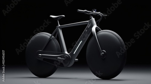 A futuristic electric bicycle with a thin, lightweight frame made of polished aluminum alloy. The design is sleek and minimalistic, featuring integrated LED lights along the frame. photo