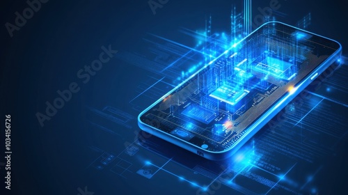 Wallpaper Mural Blue digital technology backdrop with an AI chip displayed on a smartphone screen, symbolizing cutting-edge tech advancements Torontodigital.ca