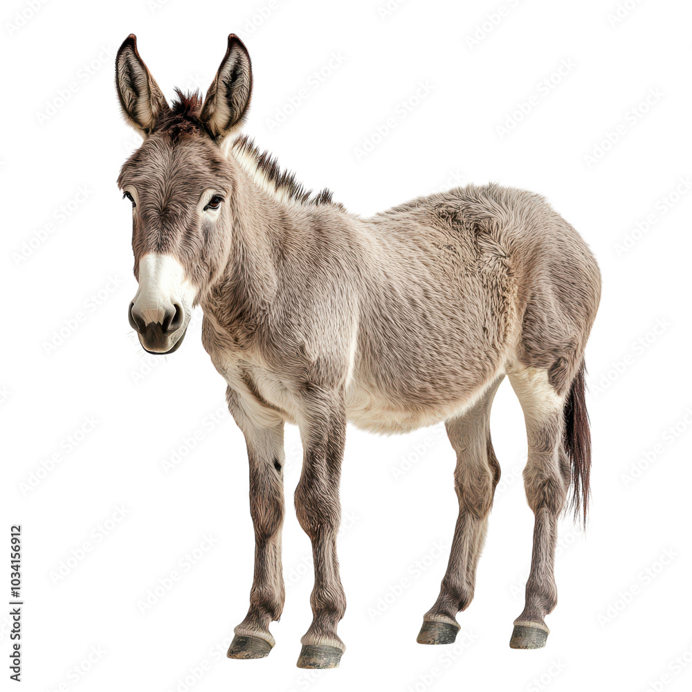 Playful donkey standing against a white backdrop in studio Playful donkey standing against a white backdrop in studio