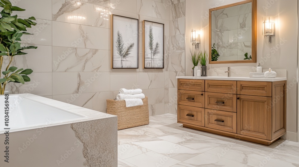 A beautifully decorated bathroom featuring soft lighting, a wooden vanity, and marble tiles. A beautifully decorated bathroom featuring soft lighting, a wooden vanity, and marble tiles.