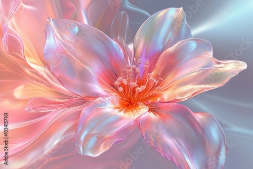 Beautiful flower blooming in iridescent glassy style with water drops on petals