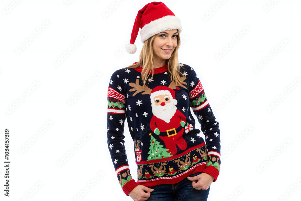 A lovely woman wearing red Santa hat and a woolen sweater with Christmas cartoon picture pattern during Yuletide holiday season. Isolated on white background. Xmas style theme retail clothing fashion. A lovely woman wearing red Santa hat and a woolen sweater with Christmas cartoon picture pattern during Yuletide holiday season. Isolated on white background. Xmas style theme retail clothing fashion.