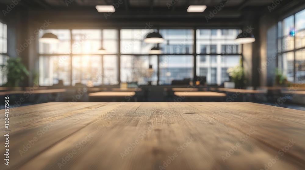 Blurred image of a contemporary office interior with panoramic windows and empty tables, offering a serene work atmosphere