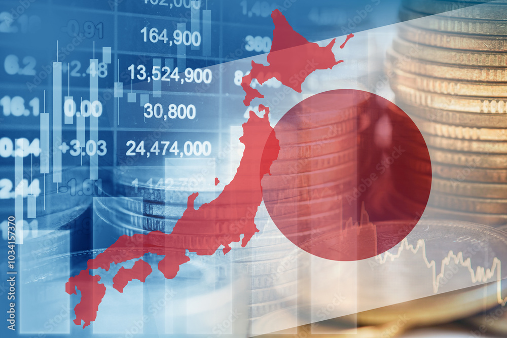 Japan flag with stock market finance, economy trend graph digital technology. Japan flag with stock market finance, economy trend graph digital technology.