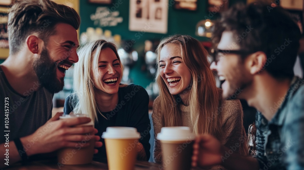 A cheerful team taking a coffee break together, sharing ideas and casual conversation over coffee cups in the office. A cheerful team taking a coffee break together, sharing ideas and casual conversation over coffee cups in the office.