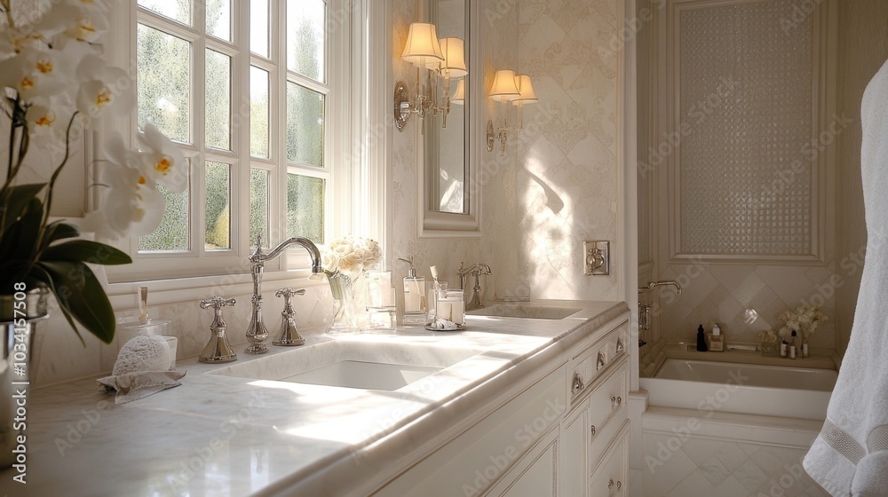 A beautifully decorated bathroom with a white marble countertop, elegant fixtures, and soft lighting. A beautifully decorated bathroom with a white marble countertop, elegant fixtures, and soft lighting.
