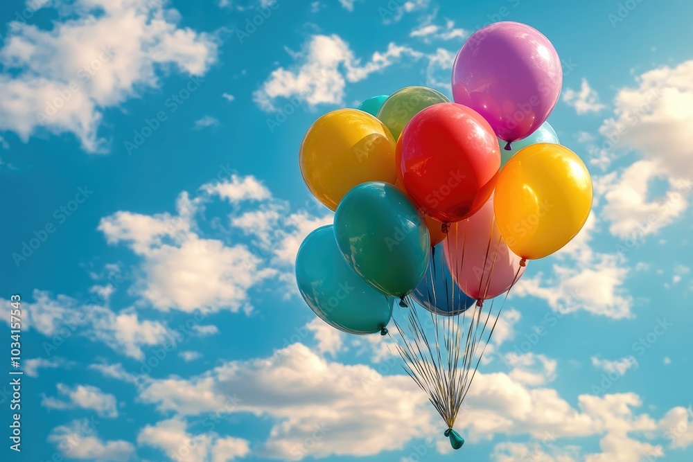 Colorful balloons floating in a bright blue sky with fluffy white clouds